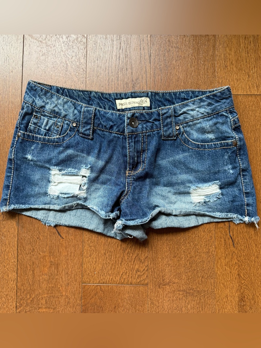Low Rise Distressed Dark Blue Denim Shorts
